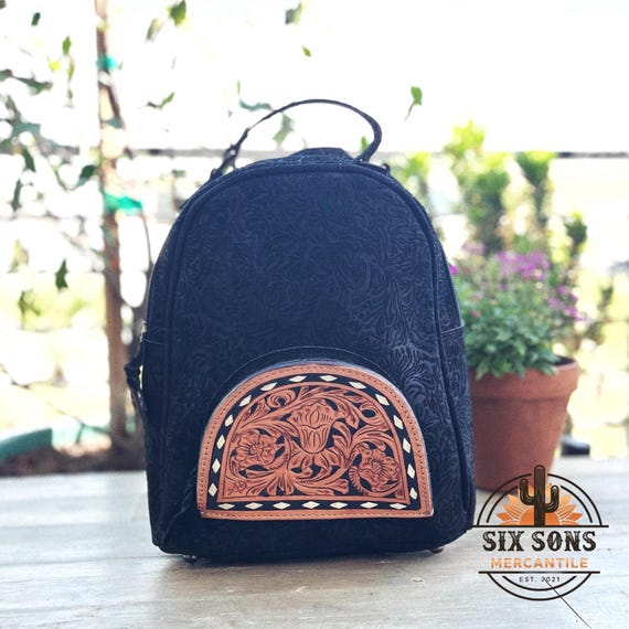 Black Leather Backpack Purse Women, Handmade Leather Backpack Purse, Velvet Backpack, Hand Tooled Leather Diaper Bag, Western Purse