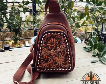 Hand Tooled Leather Sling Bag, Womans Sling Bag, Sling Purse, Travel Sling Bag, Mini Sling Backpack Purse, Small Western Leather Purse