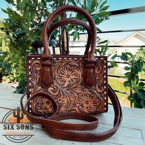 Western Hand Tooled Leather Purse, Western Tote Bag, Small Western Leather Purse, Genuine Cowhide Leather Purse, Western Crossbody Bag