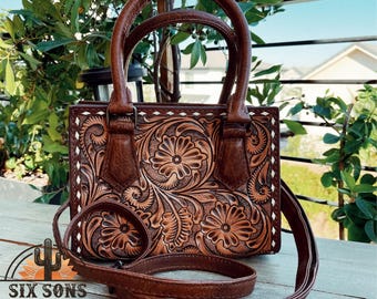 Western Hand Tooled Leather Purse, Western Tote Bag, Small Western Leather Purse, Genuine Cowhide Leather Purse, Western Crossbody Bag