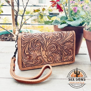 Western Hand Tooled Leather Wallet, Handmade Wristlet, Western Leather Wallet, Leather Clutch, Genuine Leather Floral Wallet, Western Wallet