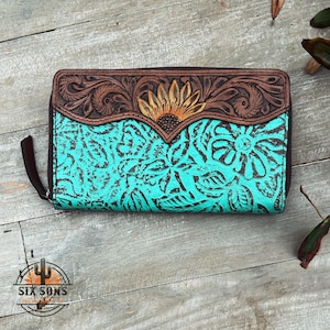 Cartera de cuero hecha a mano estilo occidental, cartera hecha a mano, cartera de cuero estilo occidental, cartera de mano de cuero, cartera floral de cuero genuino, cartera estilo occidental