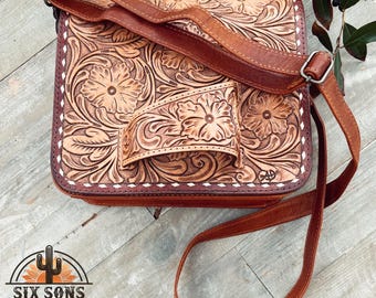 Western Hand Tooled Leather Purse, Western Tote Bag, Small Western Leather Purse, Genuine Cowhide Leather Purse, Western Crossbody Purse