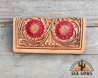 Western Hand Tooled Leather Wallet, Handmade Wallet, Western Leather Wallet, Leather Clutch, Genuine Leather Floral Wallet, Western Wallet