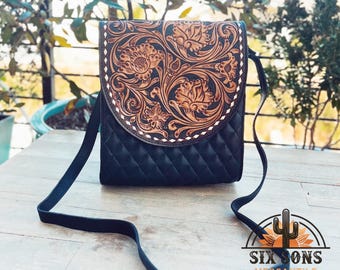 Black Leather Purse, Western Purse, Black Hand Tooled Leather Purse, Quilted Leather Purse, Western Leather Purse, Black Crossbody Purse