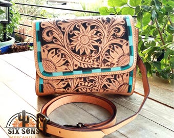 Western Hand Tooled Leather Purse, Western Tote Bag, Small Western Leather Purse, Genuine Cowhide Leather Purse, Western Crossbody Purse