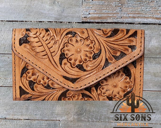 Western Hand Tooled Leather Wallet, Handmade Wallet, Western Leather Wallet, Leather Clutch, Genuine Leather Floral Wallet, Western Wallet