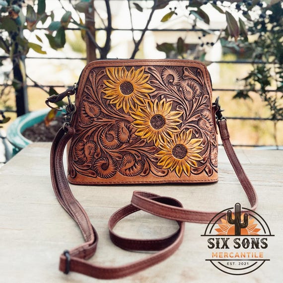 Small Western Leather Crossbody Purse, Western Tote Bag, Hand Tooled Leather Purse, Full Grain Leather Crossbody Purse, Western Handbag