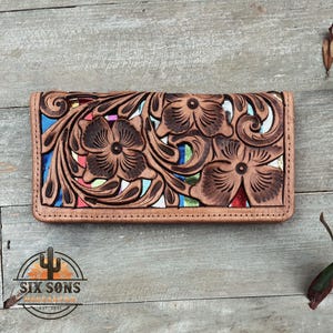 Cartera de cuero hecha a mano de estilo occidental, cartera hecha a mano, cartera de cuero occidental, cartera de mano de cuero, cartera floral de cuero genuino, cartera occidental
