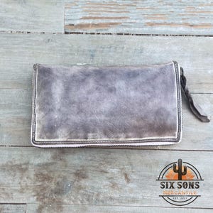 Cartera de cuero estilo occidental con cremallera, cartera hecha a mano, cartera de cuero estilo occidental, cartera de cuero, cartera de cuero gris, cartera de cuero estilo occidental personalizada