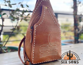 Genuine Leather Sling Bag, Womans Sling Bag, Tan Leather Sling Purse, Travel Sling Bag, Sling Backpack Purse, Small Western Leather Purse