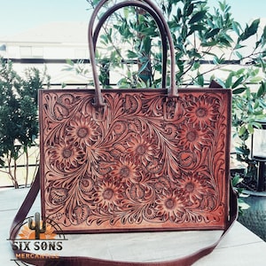 Western Purse, Hand Tooled Leather Purse, Western Tote Bag, Conceal Carry Purse, Genuine Leather Cowhide Crossbody Purse, Large Leather Tote
