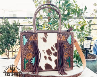 Western Purse, Hand Tooled Leather Purse, Western Tote Bag, Conceal Carry Purse, Genuine Leather Cowhide Crossbody Purse, Leather Fringe