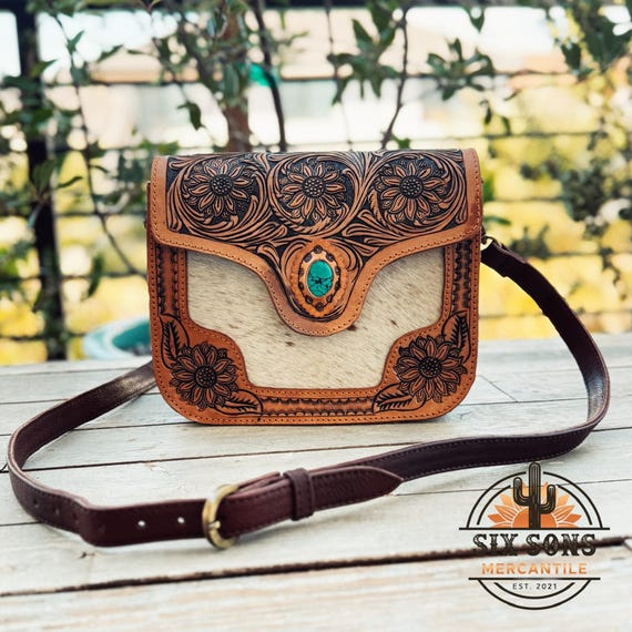 Handmade Leather Purse, Cute Tote Bag, Western Purse, Western Tote Bag, Hand Tooled Leather Purse, Genuine Hair On Cowhide Leather Purse