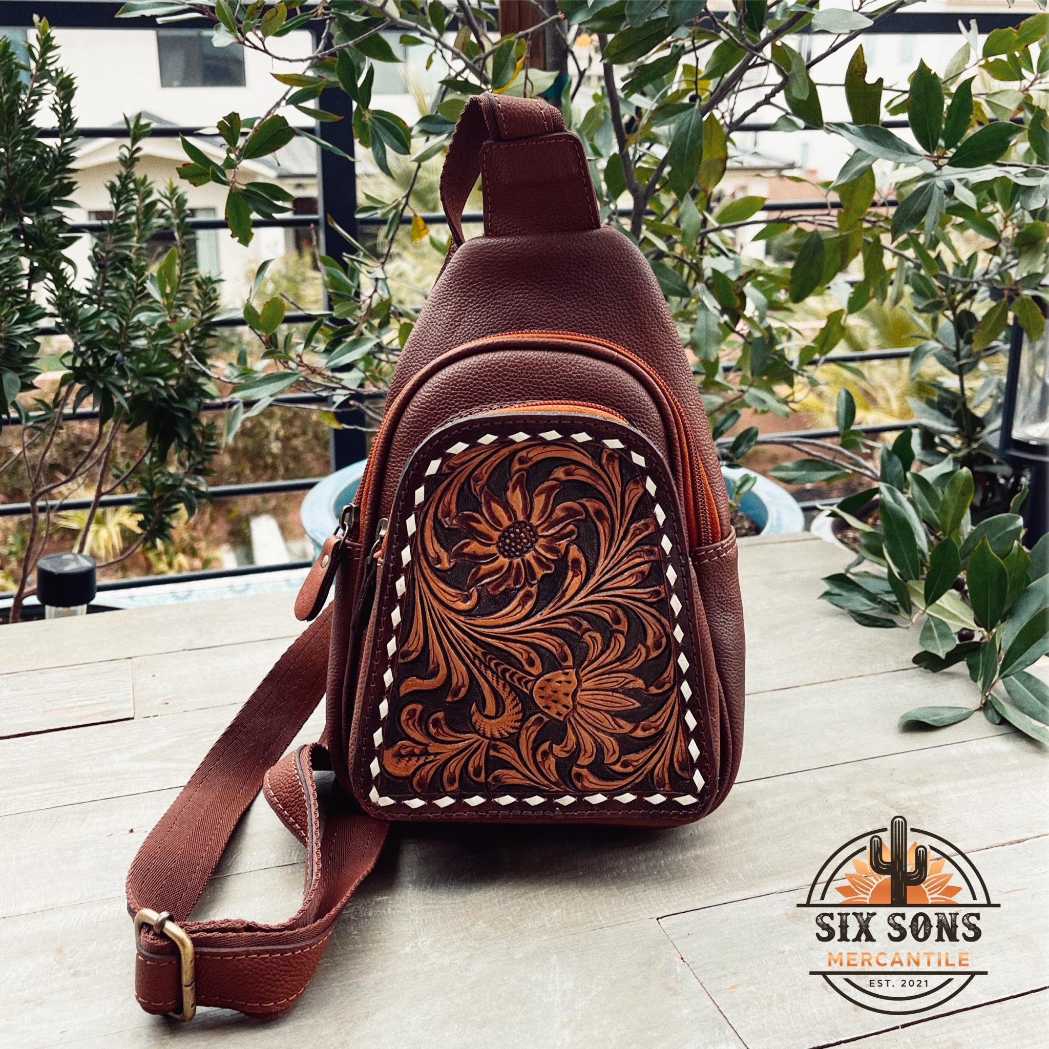 Brown Tooled Leather Sling Bag Backpack American Darling Stylish Leather Sling Bags - Shop Dodi Jo main image 2
