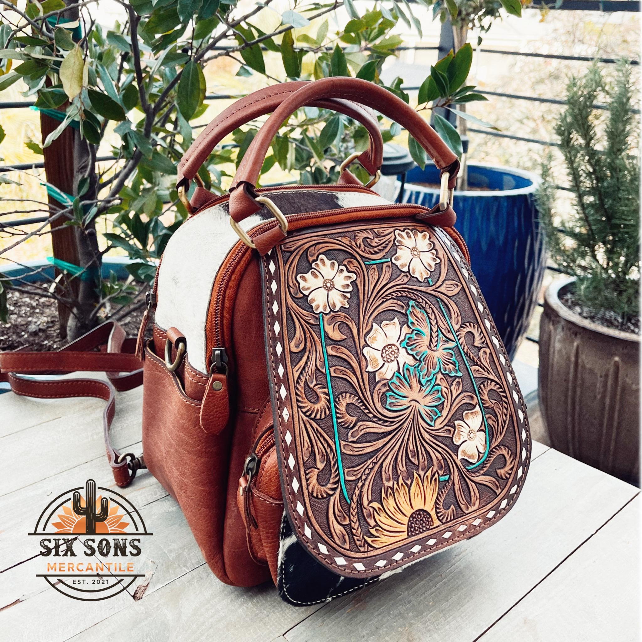 American Darling Mini Cowhide Leather Backpack with a Hand-Tooled Front Pocket IMG_0190.jpg?v=1715971653 main image 3