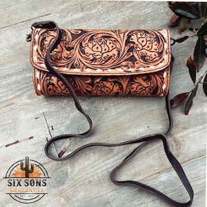 Cartera de cuero hecha a mano de estilo occidental, billetera hecha a mano, billetera de cuero occidental, cartera de mano de cuero, billetera de cuero genuino, billetera cruzada