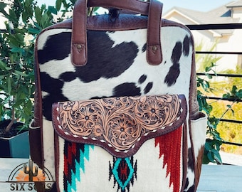 Mochila estilo western, mochila de cuero para mujer, mochila de piel de vaca, bolso de pañales de piel de vaca, bolso de piel de vaca, mochila de cuero estilo western para la vuelta al cole.