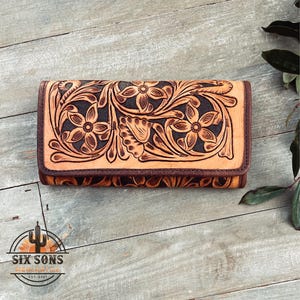 Cartera de cuero hecha a mano de estilo occidental, cartera hecha a mano, cartera de cuero occidental, cartera de mano de cuero, cartera floral de cuero genuino, cartera occidental