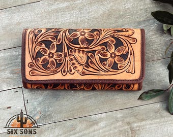 Western Hand Tooled Leather Wallet, Handmade Wallet, Western Leather Wallet, Leather Clutch, Genuine Leather Floral Wallet, Western Wallet