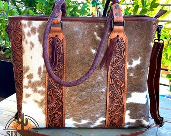 Hand punziert Leder Tragetasche, Hair-On Rindsleder Western Geldbörse, Laptop Tasche