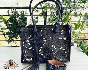 Handmade Purse, Western Leather Purse, Black Leather Purse, Western Tote Bag, Leather Tote Bag, Conceal Carry Purse, Leather Crossbody Purse
