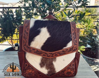 Mochila de cuero para mujer, bolso tipo mochila de cuero hecho a mano, mochila con pelo de vaca, bolso para pañales de cuero hecho a mano, bolso estilo western