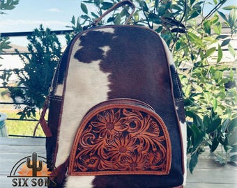 Mochila de cuero para mujer, mochila de cuero hecha a mano, mochila con pelo de vaca, bolso para pañales de cuero hecho a mano, bolso estilo western