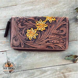Western Hand Tooled Leather Wallet, Handmade Sunflower Wallet, Western Leather Wallet, Leather Clutch, Genuine Leather Floral Wallet