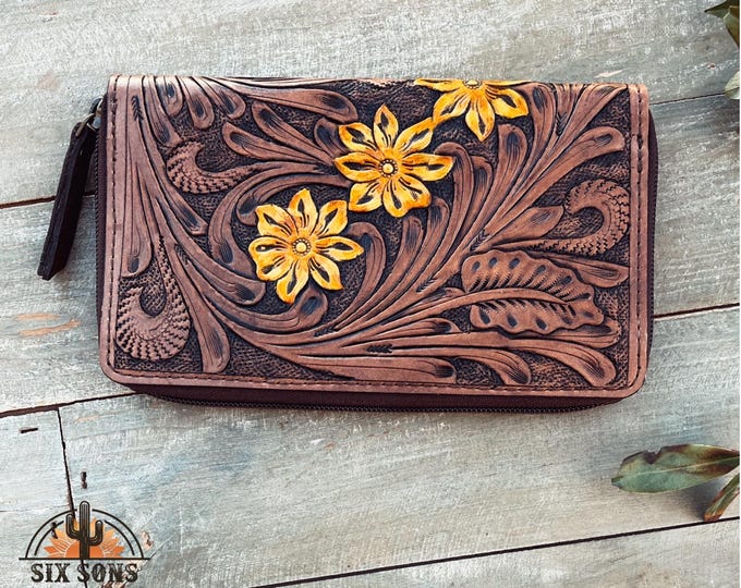 Genuine Leather Bifold Floral Wallet for Men Women Western Wallet ...