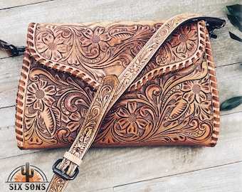 Small Western Leather Crossbody Purse, Western Tote Bag, Hand Tooled Leather Purse, Full Grain Leather Crossbody Purse, Western Handbag