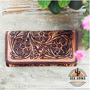 Western Hand Tooled Leather Wallet, Handmade Wallet, Western Leather Wallet, Leather Clutch, Genuine Leather Floral Wallet, Western Wallet