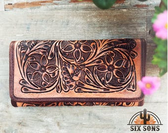 Western Hand Tooled Leather Wallet, Handmade Wallet, Western Leather Wallet, Leather Clutch, Genuine Leather Floral Wallet, Western Wallet