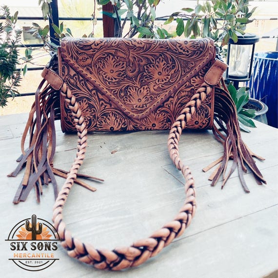 Western Hand Tooled Leather Purse, Leather Fringe Purse, Leather Crossbody Bag, Leather Purse, Genuine Cowhide Leather Bag, Western Tote Bag