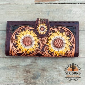 Western Hand Tooled Leather Wallet, Handmade Wallet, Western Leather Wallet, Leather Clutch, Genuine Western Leather Sunflower Wallet