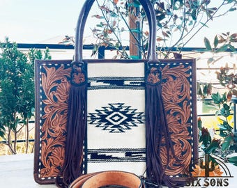 Hand Tooled Leather Western Tote Bag, Saddle Blanket, Conceal Carry