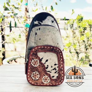 Hand Tooled Leather Backpack Bag, Small Leather Backpack, Western Purse, Travel Sling Bag, Backpack Purse, Hair On Cowhide Leather Purse