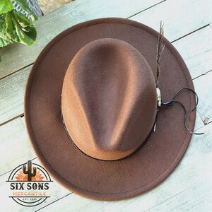 May include: A brown fedora hat with a black band and a feather accent. The hat has a slightly indented crown and a wide brim.