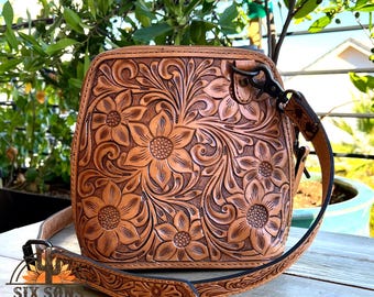 Kleine westernleren crossbody-tas, westerndraagtas, met de hand bewerkte leren portemonnee, volnerf lederen crossbody-tas, westernhandtas