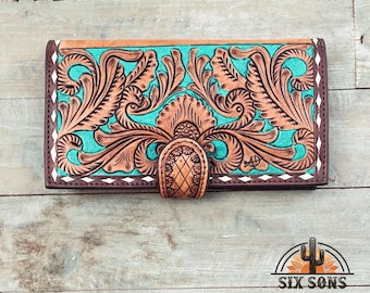 Western Hand Tooled Leather Wallet, Handmade Wallet, Western Leather Wallet, Leather Clutch, Genuine Leather Floral Wallet, Western Wallet