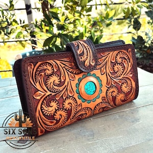 Cartera de cuero hecha a mano estilo occidental, cartera hecha a mano, cartera de cuero estilo occidental, cartera de mano de cuero, cartera floral de cuero genuino, cartera estilo occidental