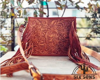 Handmade Purse, Western Purse, Hand Tooled Leather Purse, Brown Leather Fringe Purse, Crossbody Purse, Western Leather Crossbody Purse