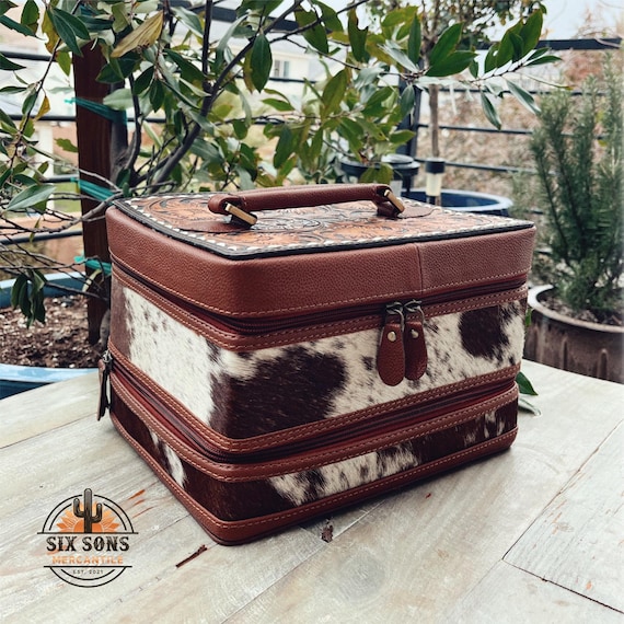 Western Leather Jewelry Case, Hand Tooled Leather Jewelry Box, Hair on Hide Jewelry Box, Leather Jewelry Box, Hair On Cowhide Jewelry Box