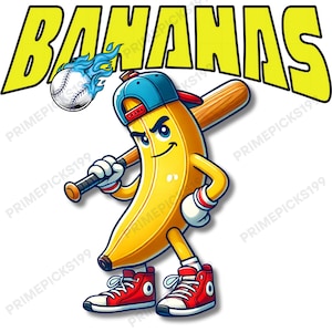 Mascota de béisbol de plátano genial / Dibujos animados deportivos divertidos PNG / Clipart de plátano moderno para camisetas, calcomanías y sublimación