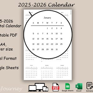 2025-2026 Calendar, Annual Printable Calendar, 2025-2026 Year at a Glance Minimalist Calendar A3 A4 Letter Monday & Sunday Start