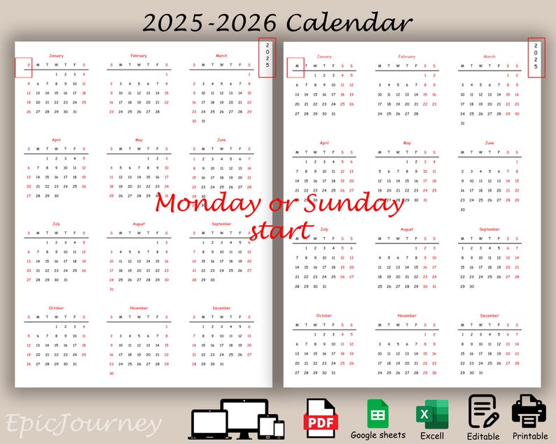 2025 2026 Year at a Glance Minimalist Calendar Printable Editable