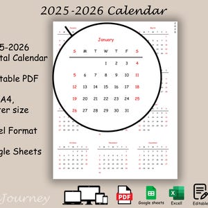 2025 - 2026 Year at a Glance Minimalist Calendar - Printable Editable Annual - Digital PDF Excel Google sheets Template - Instant Download