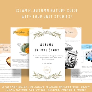 Puede incluir: Una guía de 28 páginas para enseñar a los niños sobre el otoño con temas islámicos. La guía incluye actividades de naturaleza, recetas, poesía e ideas de manualidades. La portada presenta una ilustración de acuarela de hojas de otoño y el título "Estudio de la naturaleza otoñal".
