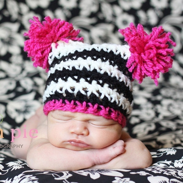 Newborn sized sack hat in black/white stripes with pink. Newborn photo prop.