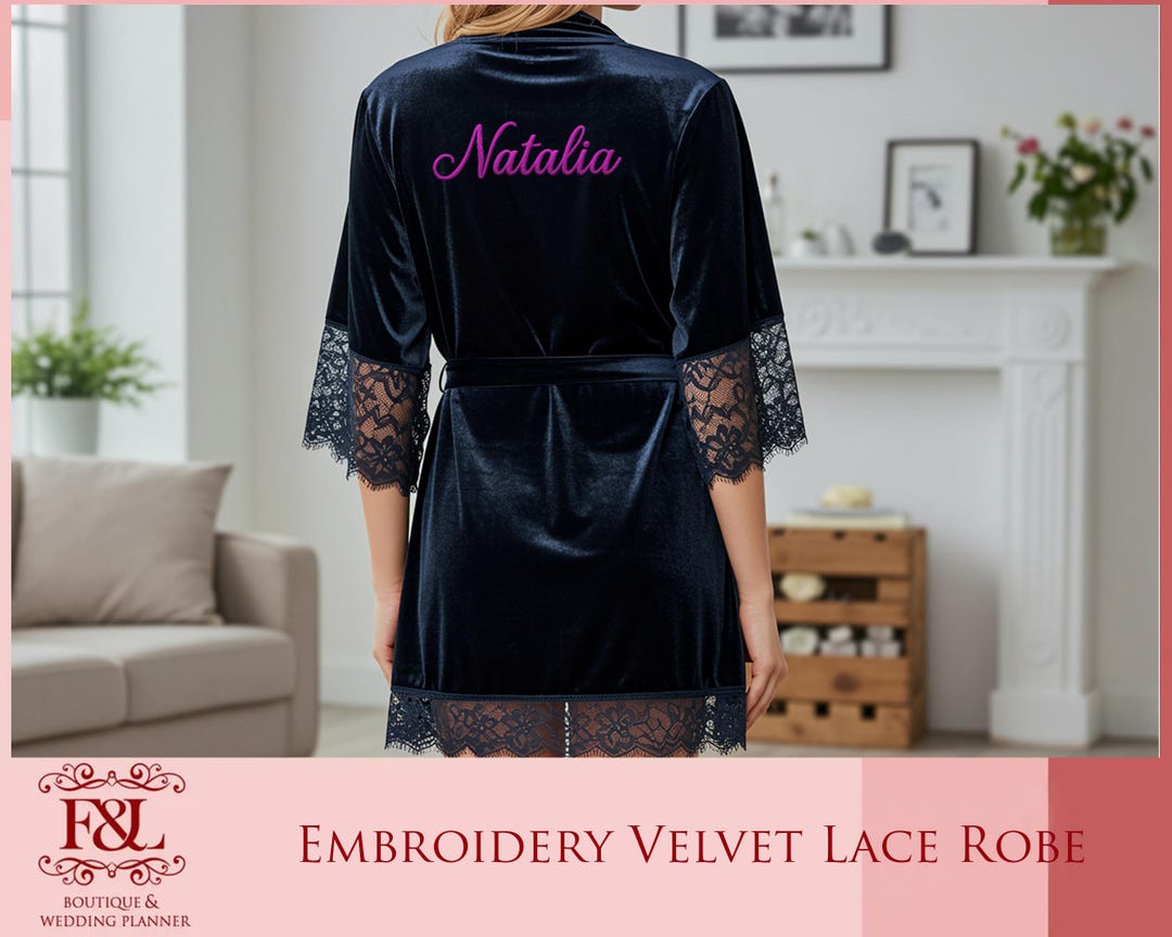 Embroidery Robe Personalized Embroidery Velvet Lace Robe Bridal Party Gift for Her ...